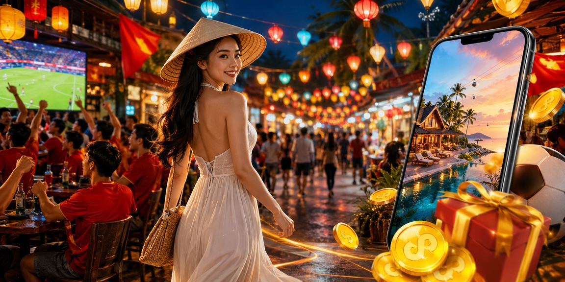 Du khách tại Phú Quốc trải nghiệm casino di động trên điện thoại bên bờ biển với nón lá truyền thống